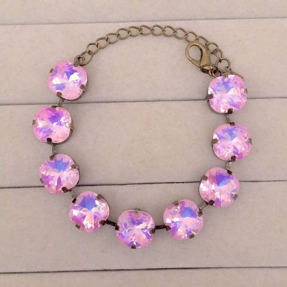 Pink Opal Aurora Borealis + Antique Brass Cushion Cut Crystal Tennis Bracelet